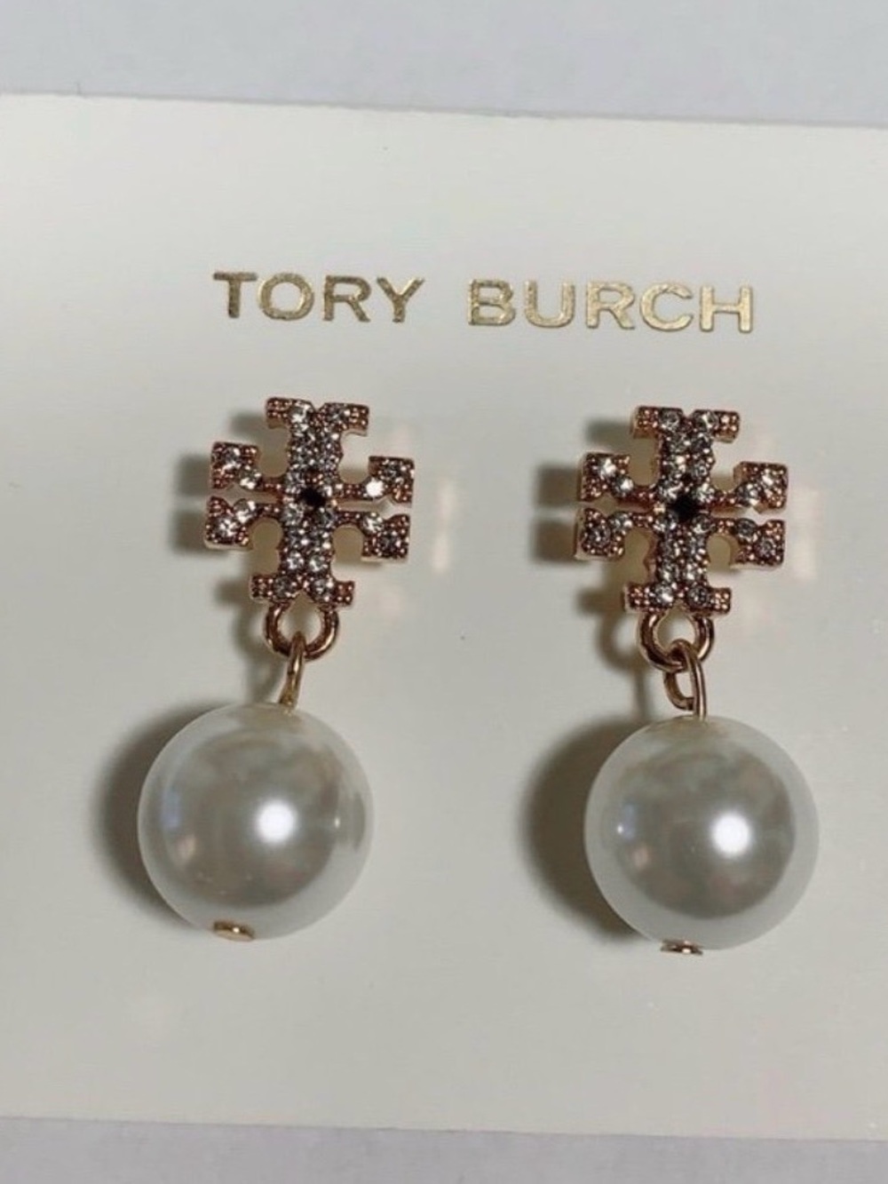 Tory Burch Yellow Gold Crystal Logo Earrings with White Pearl Drops